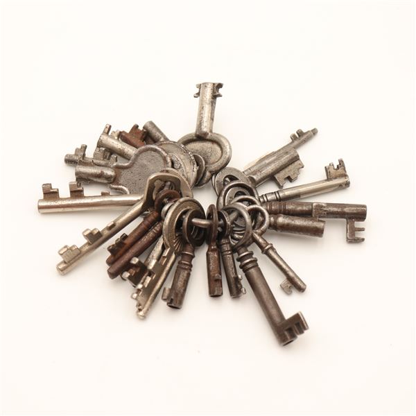 Group of Small Antique Steel and Iron Cabinet Keys on Ring, Late 19th–Early 20th Century