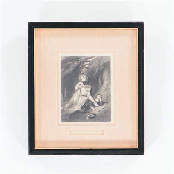 Framed 19th Century English Engraving of a Family in a Wooded Landscape