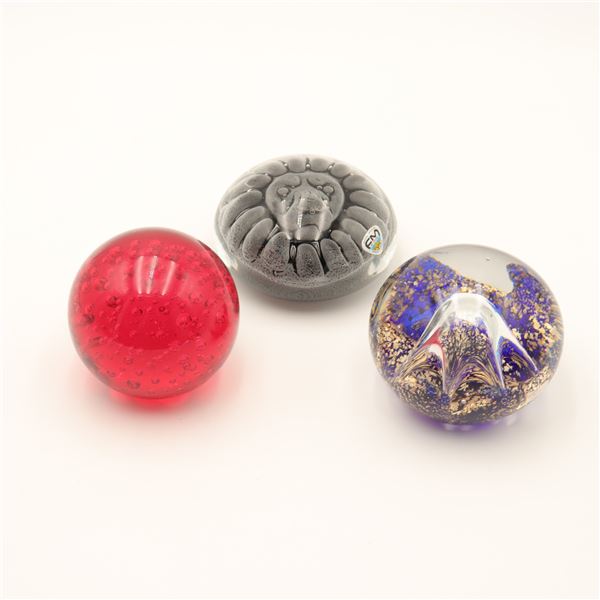 Group of Three Modern Art Glass Paperweights, Including FM Konstglas Sweden