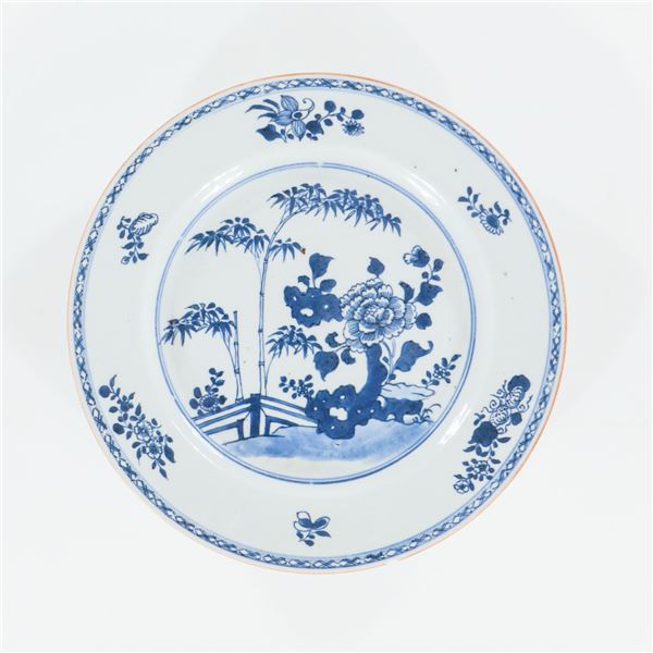 Chinese Export Blue and White Porcelain Plate with Rock and Peony, Qianlong Period