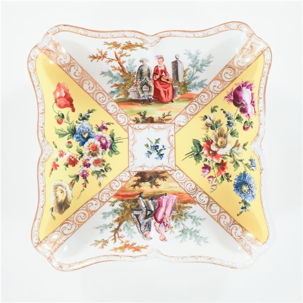 German Hand-Painted Porcelain Square Dish with Watteau Figures and Floral Panels, Probably Dresden,