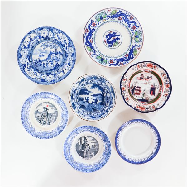 Group of Seven 19th–Early 20th Century Transfer-Printed Plates and Bowls, Mostly English