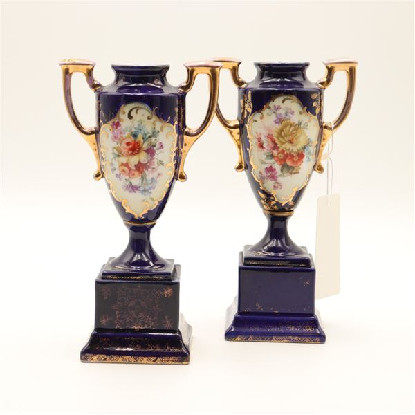 Pair of Royal Austria Cobalt-Ground Twin-Handled Cabinet Vases, Early 20th Century