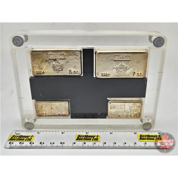 RARE Johnson Matthey Canada : FINE SILVER INGOT SET (4) : "JMC" Maple Leaf : Vintage Pour ~ 3 oz. (T