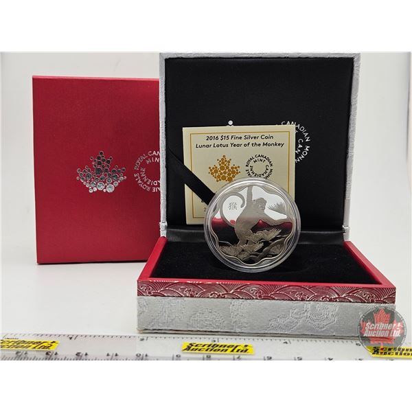 RCM Canada 2016 Lunar Lotus $15 Fine Silver Coin: Year of the Monkey (COA #09813) (99.99%) (GST Exem