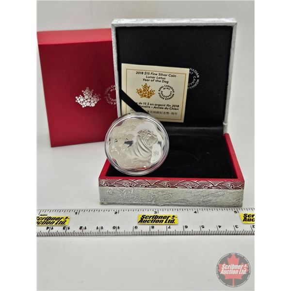 RCM Canada 2018 Lunar Lotus $15 Fine Silver Coin: Year of the Dog (COA #09031) (99.99%) (GST Exempt)