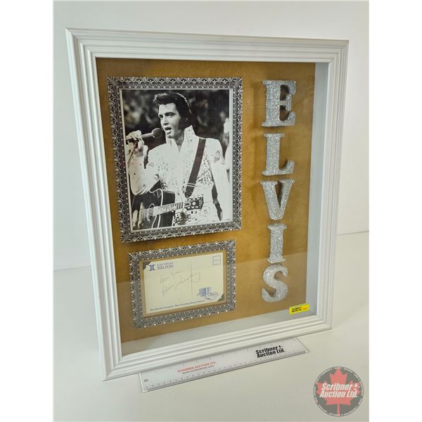 Framed Display of Elvis Picture & Hand Signed Postcard :1970 Hilton Hotel (No COA) (Frame Measures :