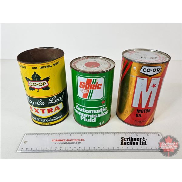 Oil Cans (3) : CO-OP - Maple leaf (6-1/2"H x 4"Di) - MG (Full) (6-1/2"H x 4"Dia) - Sonic (Full) (6"H