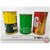 Image 3 : Oil Cans (3) : CO-OP - Maple leaf (6-1/2"H x 4"Di) - MG (Full) (6-1/2"H x 4"Dia) - Sonic (Full) (6"H