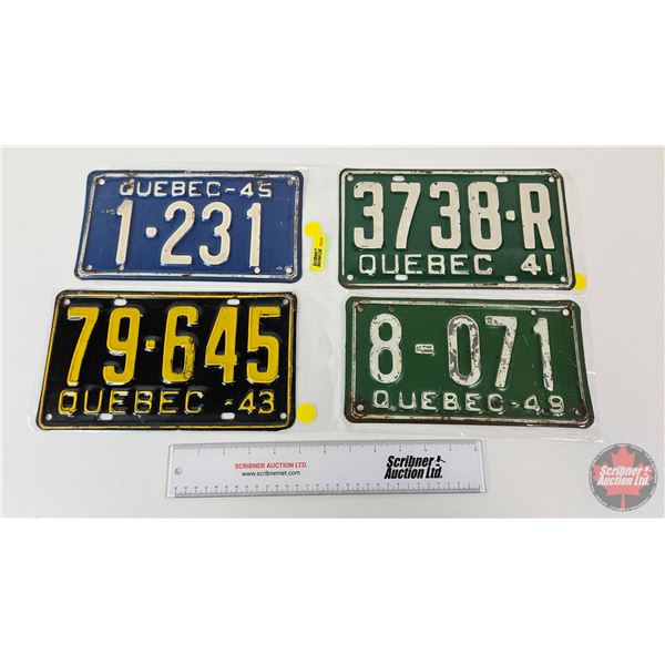 License Plates (4) : Quebec  - 1941 (6"H x 10-1/4"W) - 1943 (6"H x 10-1/4"W) - 1945 (5-1/4"H x 9-3/4