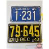 Image 2 : License Plates (4) : Quebec  - 1941 (6"H x 10-1/4"W) - 1943 (6"H x 10-1/4"W) - 1945 (5-1/4"H x 9-3/4