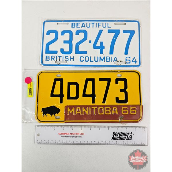 License Plates (2) : 1966 Manitoba & 1964 British Columbia (Both Measures : 6"H x 12"W)