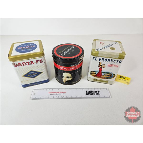 Cigar Tins (3) :  - Santa Fe - Marguerite - El Producto (Marguerite Measures : 5-1/4"H x 5"Dia)
