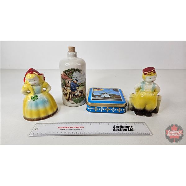 Dutch Collector Combo : Incl. - Tin - Stoneware Bottle - (2) Ceramic Planters (Bottle Measures : 8"H