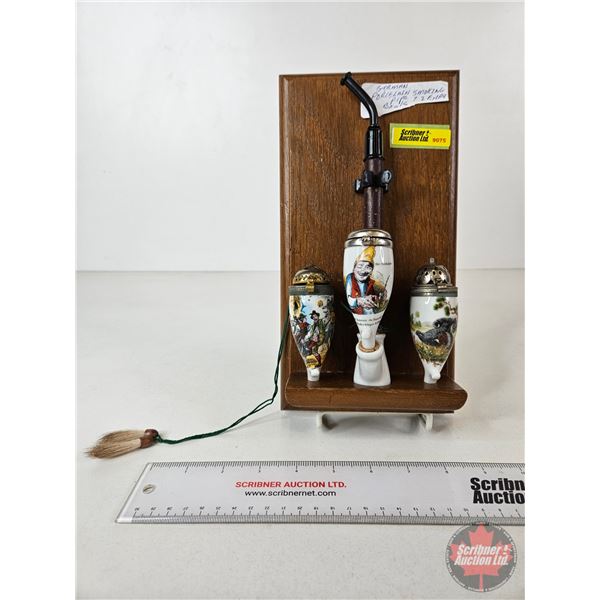 German Smoking Pipe w/ Bowls (Porcelain) : (Mounted on Wood Plaque) (Plaque Measures : 11"H x 6"W)