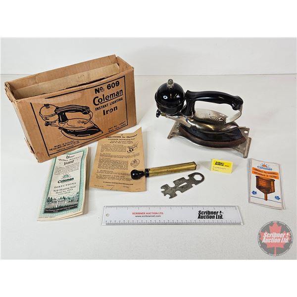 Coleman Instant Lighting Iron : No. 609 c/w Trivet, Pump, & Original Box (Box Measures : 7-1/2"H x 1