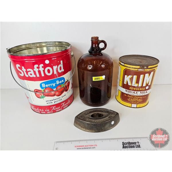 Collector Combo : Incl. - Sad Iron - Glass Shoulder Jug - Staffor Jam Pail - Klim Whole Milk