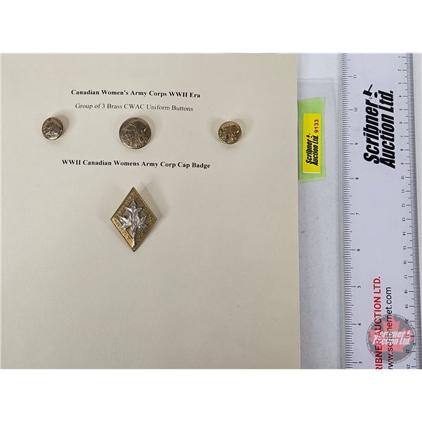 Canadian Women's Army Corps WWII (3) Brass CWAC Uniform Buttons & (1) Cap Badge
