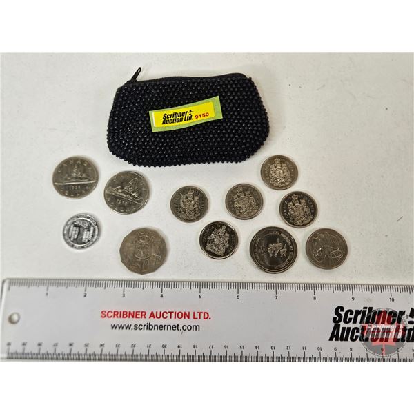 Vintage Change Purse w/  - Canadian Northern Wildlife Token - (5) Canadian Fifty Cent Pieces - (2) C