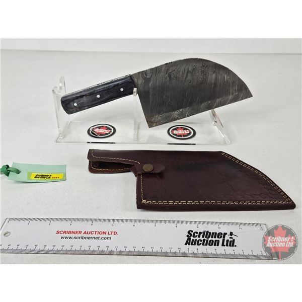 Damascus Cleaver w/ Laminated Handle & Leather Sheath (Total Length : 12-1/2")