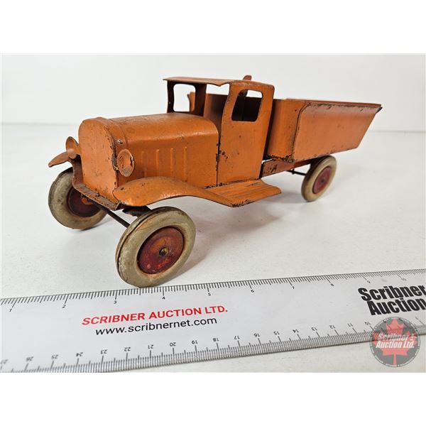 Pressed Steel Toy Dump Truck : Wyandotte Toys (NOTE : Wooden Rims) (4-1/2"H x 5"W x 12-1/2"L)