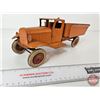 Image 1 : Pressed Steel Toy Dump Truck : Wyandotte Toys (NOTE : Wooden Rims) (4-1/2"H x 5"W x 12-1/2"L)