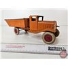 Image 4 : Pressed Steel Toy Dump Truck : Wyandotte Toys (NOTE : Wooden Rims) (4-1/2"H x 5"W x 12-1/2"L)