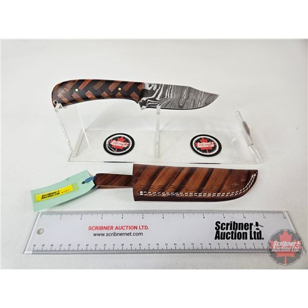 Damascus Hunting Knife Pattern Wood Handle w/ Leather Sheath (NOTE : Crack In Handle (Total Length :