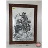 Image 1 : Glass Framed Print : Cowboy w/ Horse & Buffalo by Bill O'Meill (Frame Measures : 34-1/2"H x 24-1/2"W