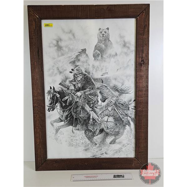 Glassed Frame Print : Mountain Man, Horses & Grizzley Bear by Bill O'Meill (Frame Measures : 34-1/2"