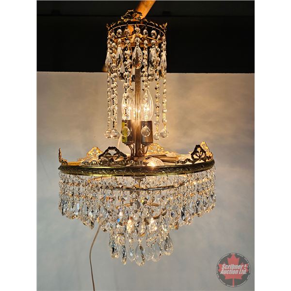 1930s Chandelier : Nickel/Brass & Crystal  (22"H x 14"Dia)