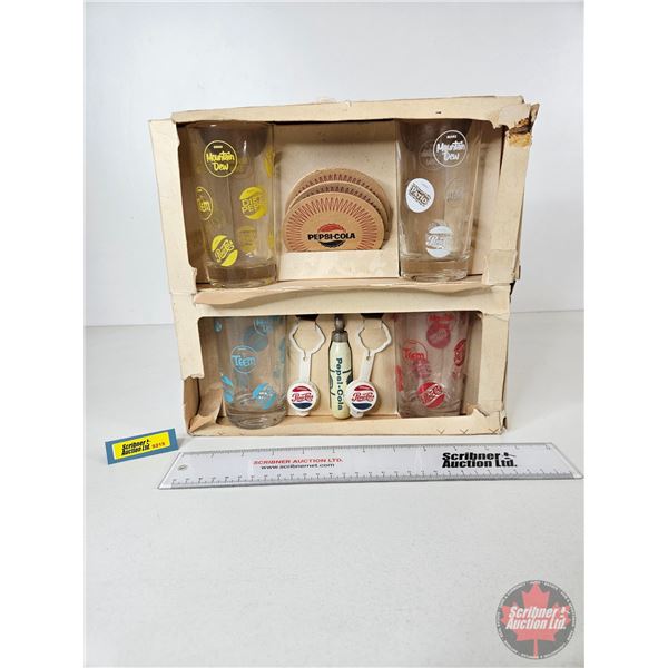 Pepsi-Cola Hospitality Set : Incl. - (4) Glasses - Coasters - Bottle Opener - (2) Resealable Caps