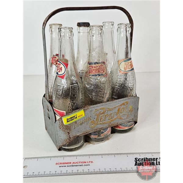 Pepsi:Cola Metal 6pk Carrier w/ 6 Bottles (Paper Labels) (Carrier Measures : 11"H x 8"W x 5-1/2"D)