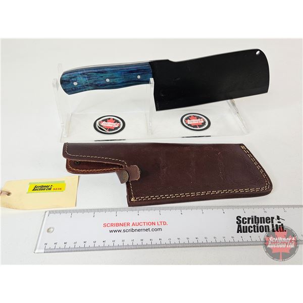 CLEAVER : (Consignor Tag) Blued Stainless Cleaver w/Blue Laminated Handle and Leather Sheath (Total 