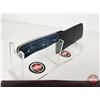 Image 4 : CLEAVER : (Consignor Tag) Blued Stainless Cleaver w/Blue Laminated Handle and Leather Sheath (Total 