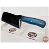 Image 5 : CLEAVER : (Consignor Tag) Blued Stainless Cleaver w/Blue Laminated Handle and Leather Sheath (Total 