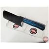 Image 6 : CLEAVER : (Consignor Tag) Blued Stainless Cleaver w/Blue Laminated Handle and Leather Sheath (Total 