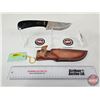 Image 1 : KNIFE : w/ Sheath (Consignor Note: Damascus Skinning Knife Micarta Handle Leather Sheath) (Total Len