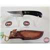 Image 4 : KNIFE : w/ Sheath (Consignor Note: Damascus Skinning Knife Micarta Handle Leather Sheath) (Total Len