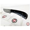 Image 6 : KNIFE : w/ Sheath (Consignor Note: Damascus Skinning Knife Micarta Handle Leather Sheath) (Total Len