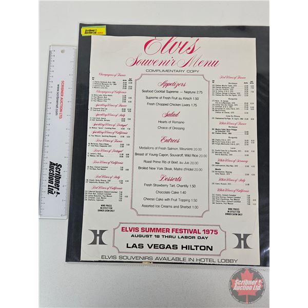 Elvis Las Vegas Hilton Menu (Picture of Elvis on Other Side) : c.1975 (Edges were Trimmed to Fit Fra