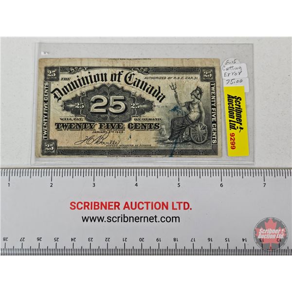Dominion of Canada Twenty Five Cent 1900 "Shinplaster" : Boville (Consignor Tag: Cutting Error)