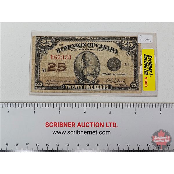 Dominion of Canada Twenty Five Cent 1923 "Shinplaster" : Campbell/Clark #663333 (Note: Two-Digit Ser