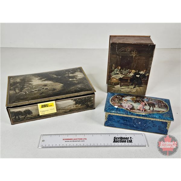 Vintage Collectors Biscuit Tins (3) : (Largest Measures : 3"H x 11-1/2"W x 8"D)
