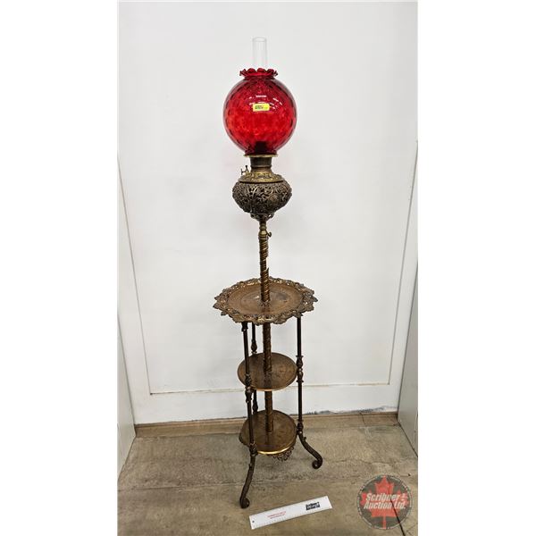 Brass Parlor Lamp : (Burner : Consolidated) : Red Globe  (Adjustable Height : 5' - 7')
