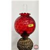 Image 4 : Brass Parlor Lamp : (Burner : Consolidated) : Red Globe  (Adjustable Height : 5' - 7')
