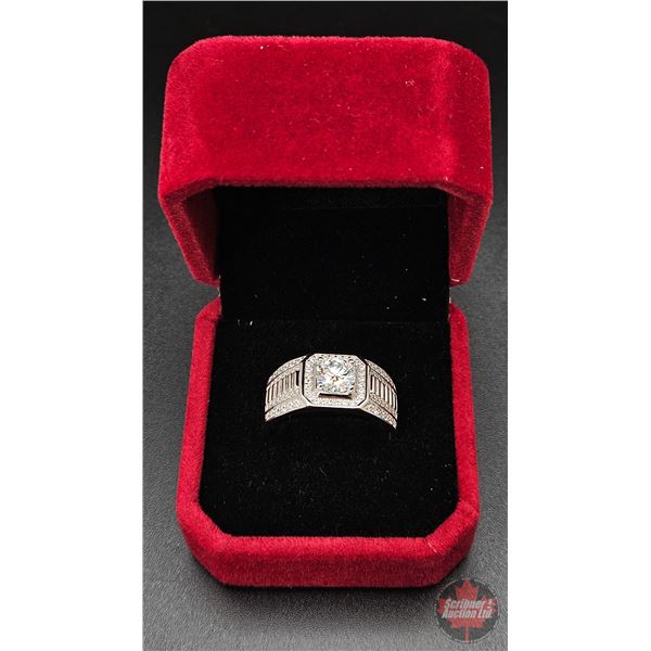 Man's Ring : Size 11-1/4 : Sterling Silver w/One Prong Set Round Cut Moissanite & 84 Round Cut Cubic