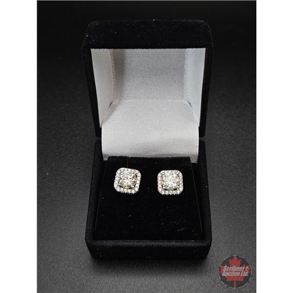 Pair 925 Sterling Silver Stud Earrings w/Friction Posts : 40 Shared Prong set Round Cut Cubic Zircon