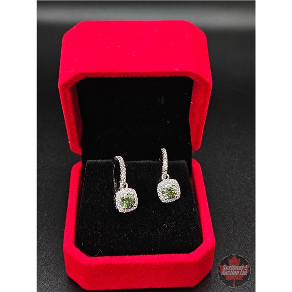 Pair Sterling Silver Cast & Assembled Drop Style Earrings w/Bluish-Green Moissanite : Total Weight 1