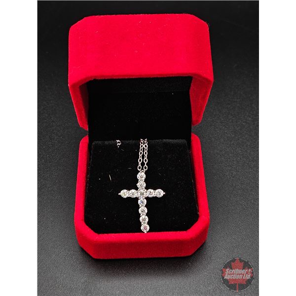 Sterling Silver Combination Cast & Assembled Cross Pendant : 11Prong Lt. Blue Moissanite Stones (1.2